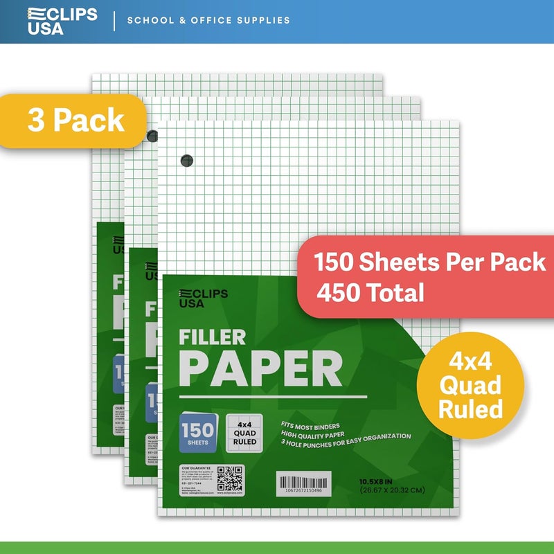 VEEBOOST Graph Paper Loose Leaf Paper Quad Ruled Notebook Paper Quad Ruled 4” x 4” Square Lined Writing Filler Paper 10.5” x 8” 450 Sheets 150 Sheets Per Pack 60 gsm (3 Pack) - Image 2